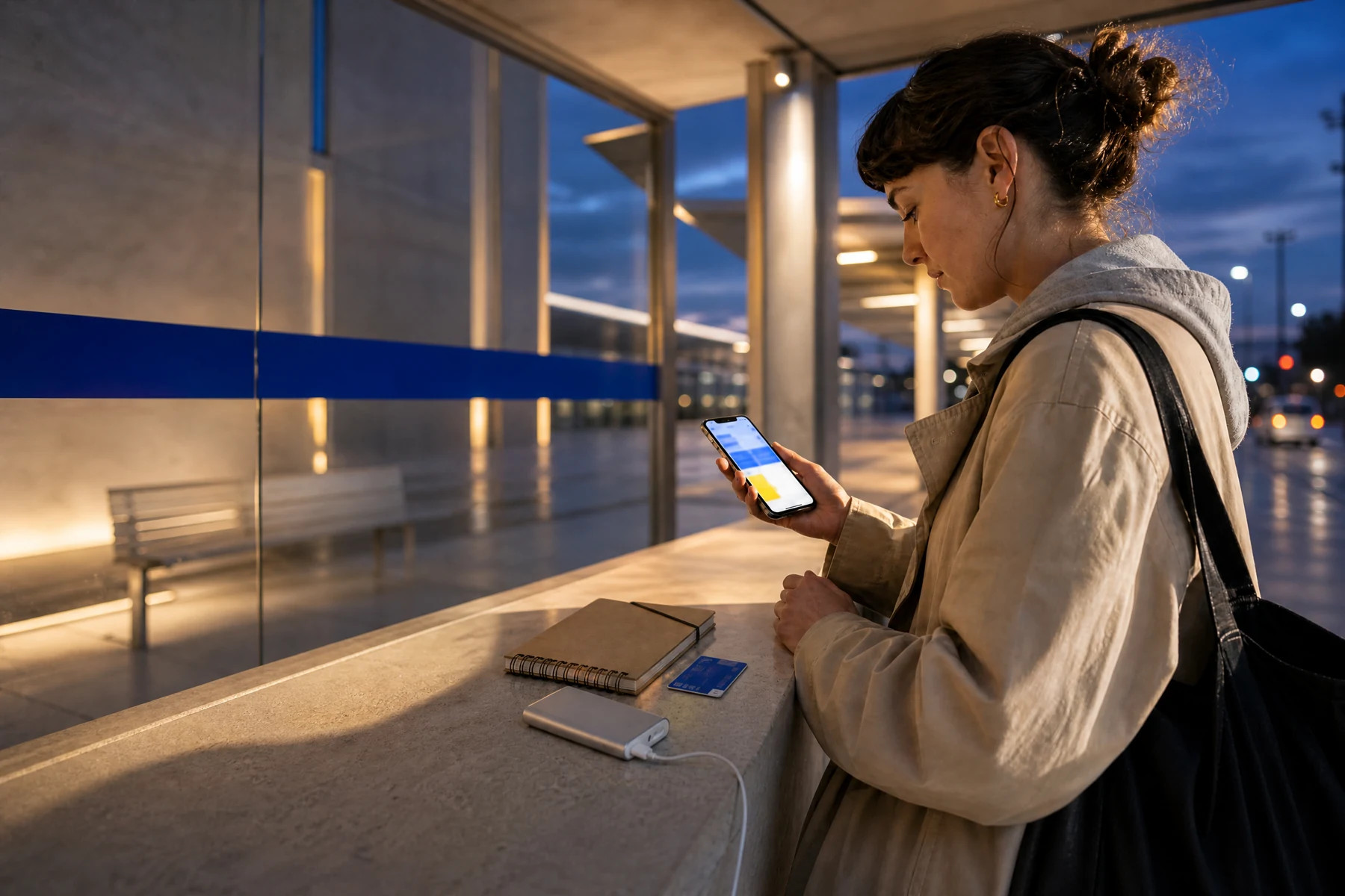 Transit stop at blue hour with person checking phone