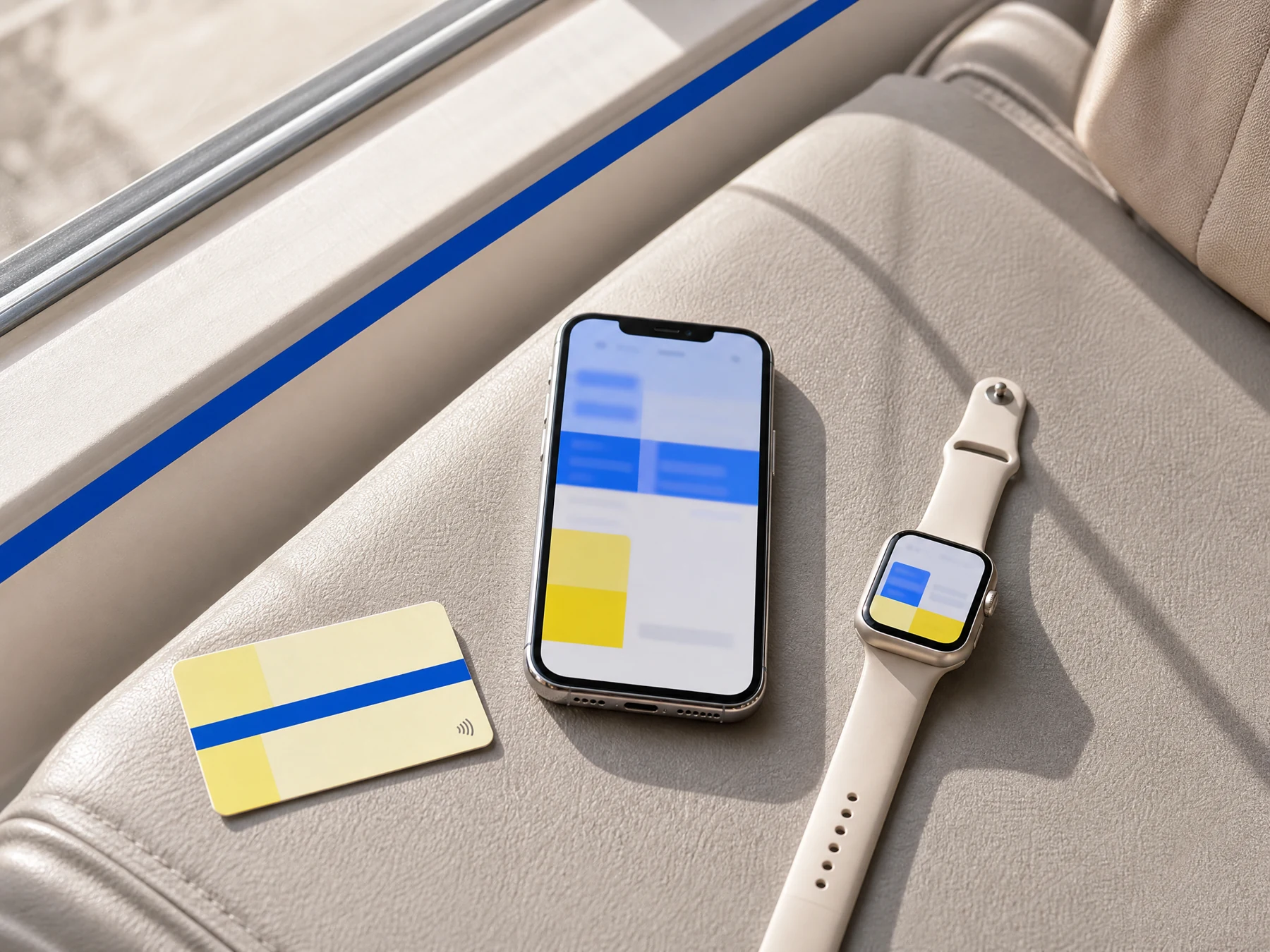 Phone and smartwatch paired on transit seat