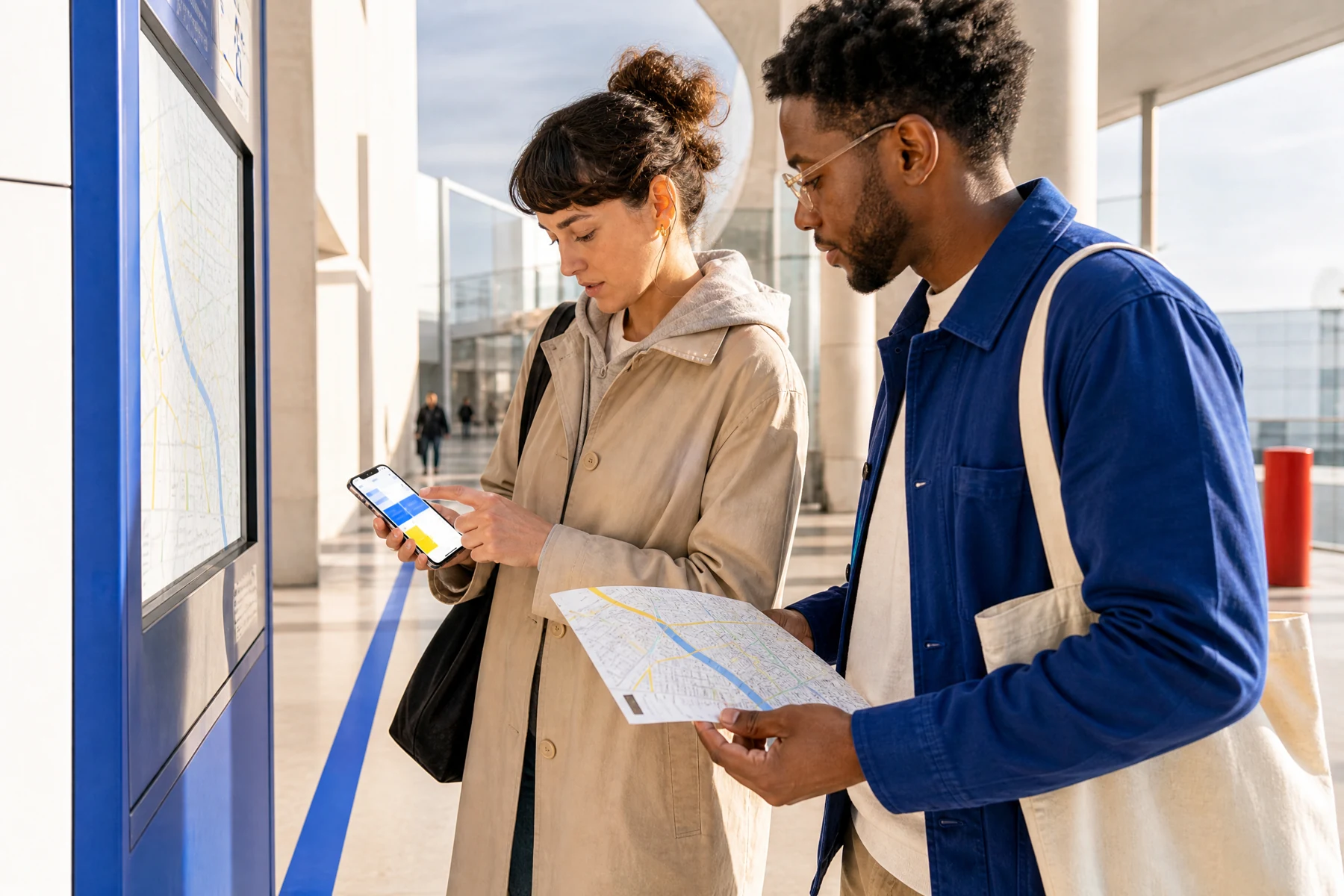 Teammates testing phone at public information kiosk
