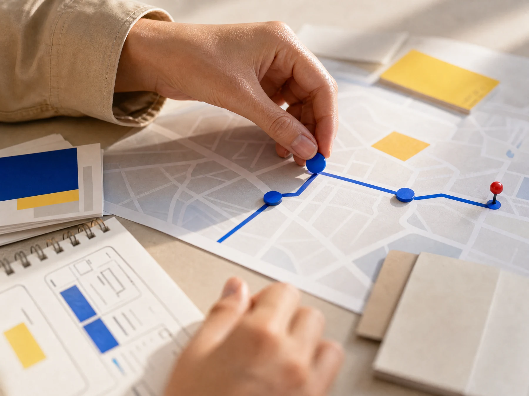 Hand moving route marker on paper map